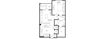 A floor plan of a house with a living room, dining room, kitchen, and bathrooms.