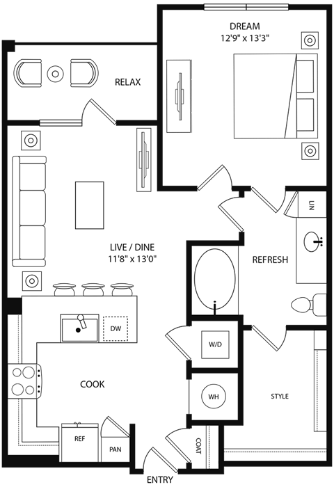 A floor plan of a house with a living room, dining room, kitchen, and bathrooms.