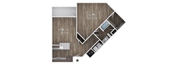 A floor plan of a room with a kitchen, living room, and bathroom.