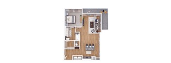 A floor plan of a small apartment with a kitchen, living room, and bathroom.
