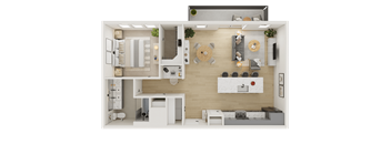 A top-down view of a modern apartment layout with a kitchen, living room, and bathroom.