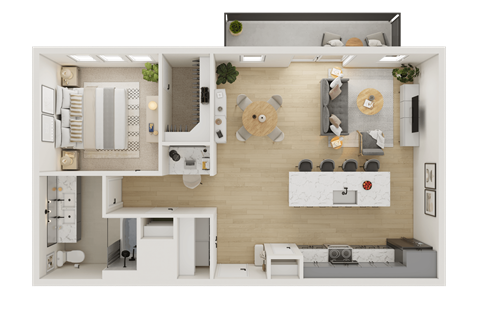 A top-down view of a modern apartment layout with a kitchen, living room, and bathroom.
