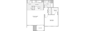 A floor plan of a small apartment with a living room, dining room, kitchen, bathroom, bedroom, and balcony.