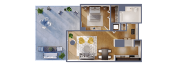 A top-down view of a modern living space with a kitchen, dining area, and bathroom.
