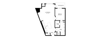 A black and white image of a house floor plan with a living room, kitchen, bath, and bedroom.