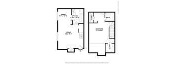 A floor plan of a home with a living room, dining room, kitchen, and two bedrooms.