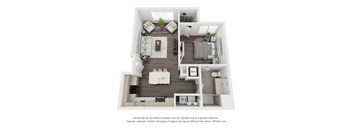 A 3D floor plan of a house with a kitchen, living room, dining room, and bathroom.
