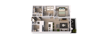 A 3D floor plan of a house showing a kitchen, living room, and bedrooms.