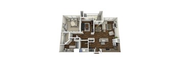A 3D floor plan of a house with a kitchen, living room, and bedrooms.