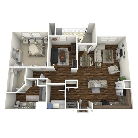 A 3D floor plan of a house with a kitchen, living room, and bedrooms.