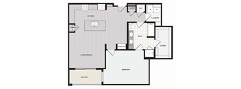 A floor plan of a house with a kitchen, living room, dining room, pantry, bathroom, laundry, and balcony.
