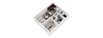 A white 3D model of a house with a kitchen, living room, and bedrooms.