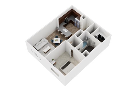 A white 3D model of a house with a kitchen, living room, and bedrooms.