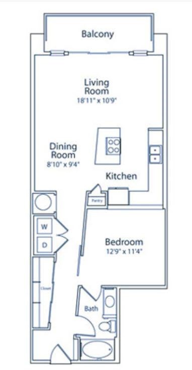 A floor plan of an apartment with a balcony, living room, dining room, kitchen, and two bathrooms.