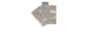 A floor plan of a house with a kitchen, living room, and two bedrooms.
