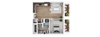 A top-down view of a modern apartment layout.