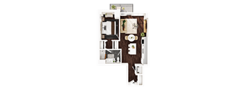 A top-down view of a small apartment with a kitchen, living room, and bathroom.