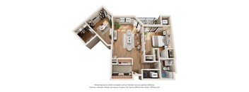 A 3D floor plan of a house layout.