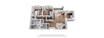 A 3D floor plan of a house with a kitchen, living room, and bathroom.