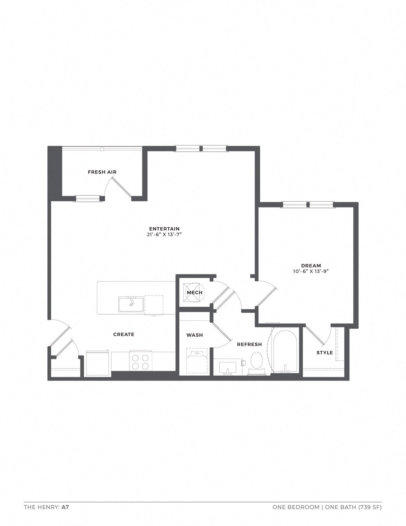 A floor plan of a one bedroom apartment with a bath.