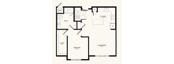A floor plan of a house with a kitchen, living room, bathroom, and bedroom.