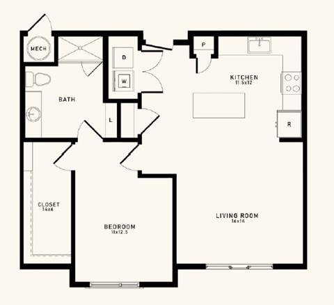 A floor plan of a house with a kitchen, living room, bathroom, and bedroom.