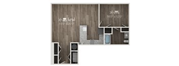 A floor plan of a room with a bathroom and a kitchen area.