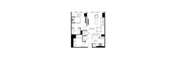 A black and white image of a floor plan for a small apartment.