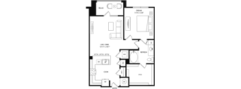 A floor plan of a house layout with a living room, dining room, kitchen, and bathrooms.