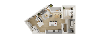 A top-down view of a modern apartment layout with a kitchen, living room, and bedroom.