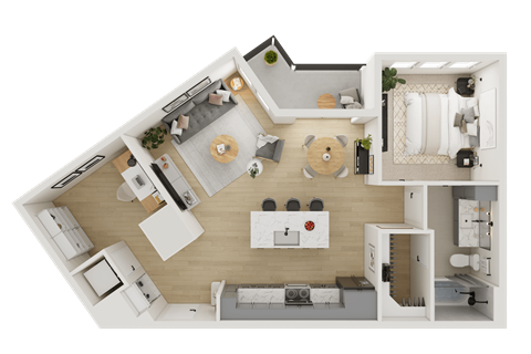 A top-down view of a modern apartment layout with a kitchen, living room, and bedroom.