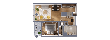 A top-down view of a modern apartment layout with a living room, dining area, kitchen, and bedrooms.