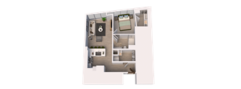 A 3D floor plan of a house with a kitchen, living room, and bathroom.