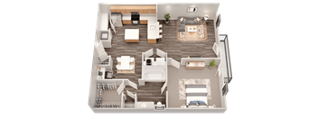 A top-down view of a well-furnished living room, kitchen, and bedroom.