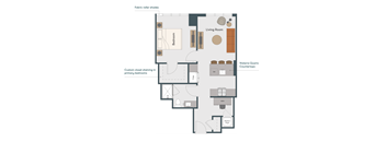 A floor plan of a living space with a living room, bedroom, and countertops.