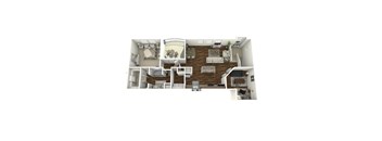 A 3D rendered image of a house layout.
