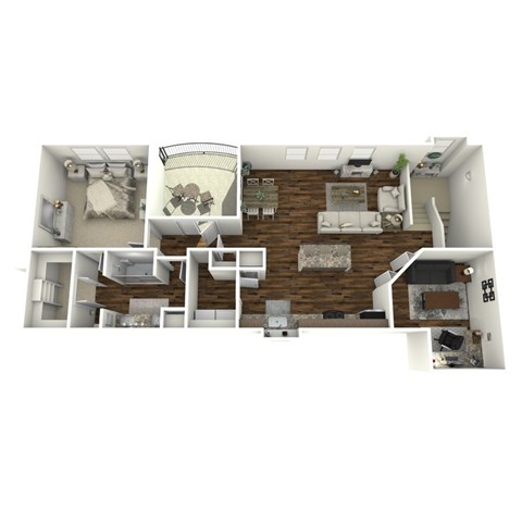 A 3D rendered image of a house layout.