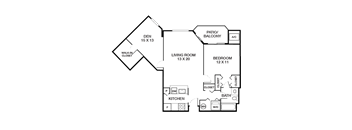 A floor plan of a house with a living room, kitchen, and two bedrooms.