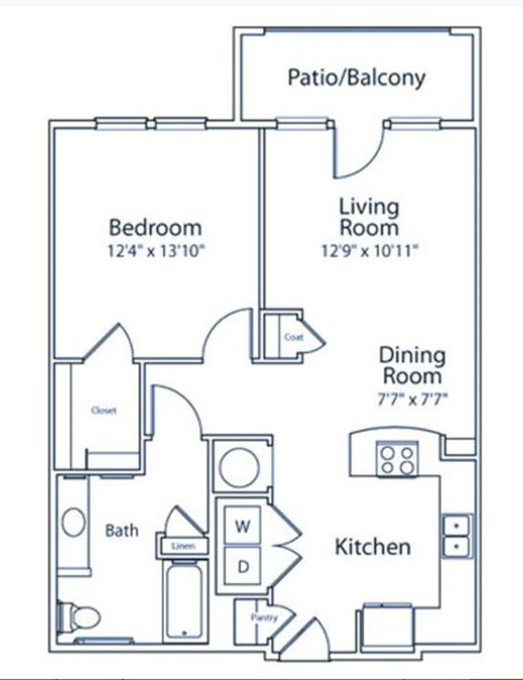 A floor plan of a home with a bedroom, living room, dining room, kitchen, and bathroom.