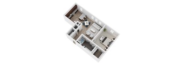 A top-down view of a house layout with a kitchen, living room, and bedrooms.
