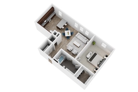 A top-down view of a house layout with a kitchen, living room, and bedrooms.