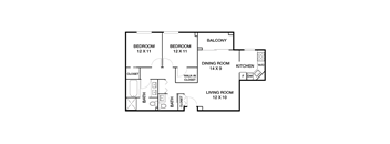 A floor plan of a house with two bedrooms, a living room, a dining room, a kitchen, a balcony, and a bathroom.