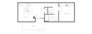 A floor plan of a house with a kitchen, living room, bedroom, bathroom, and patio.