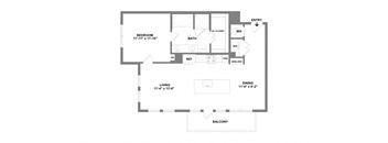 A floor plan of a house with a living room, dining room, bedroom, bathroom, and balcony.