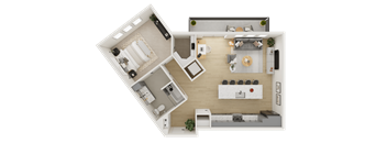 A top-down view of a house layout with a kitchen, living room, and two bedrooms.