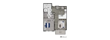 A drawing of a floor plan of an apartment sized 863 sq.ft.