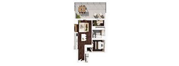 A top-down view of a room with a dining table and chairs, a kitchen area, and a bathroom with a toilet and sink.