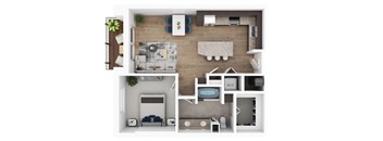 A top-down view of a small apartment layout with a living room, kitchen, and bedroom.