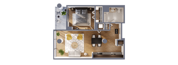A top-down view of a living room with a dining area and kitchen.
