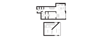 A floor plan of a house with two bedrooms, a living room, a kitchen, and a bathroom.